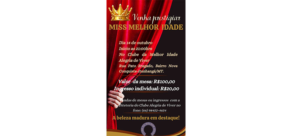 Itanhangá: Miss da Melhor Idade Alegria de Viver será escolhida neste sábado dia 14/10