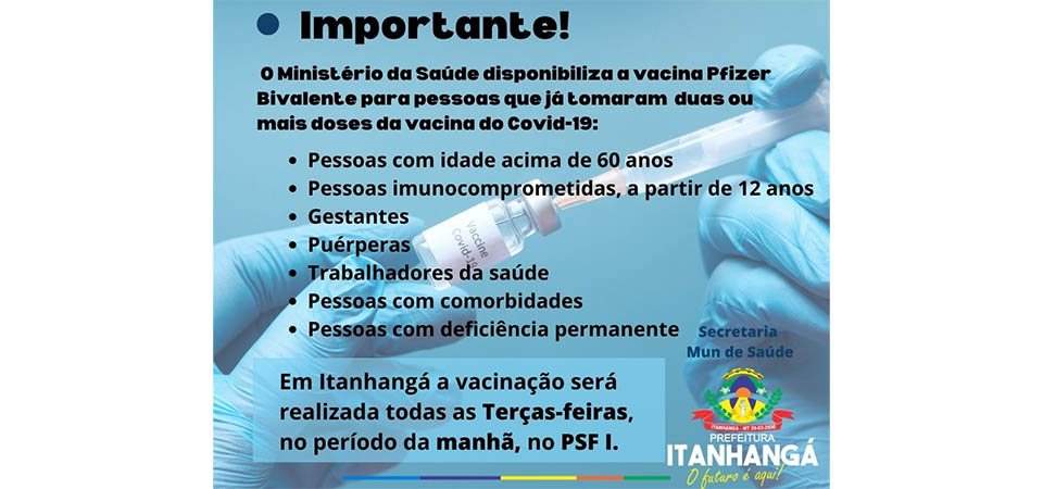 Itanhangá: Secretaria De saúde disponibiliza vacina Bivalente contra o covid