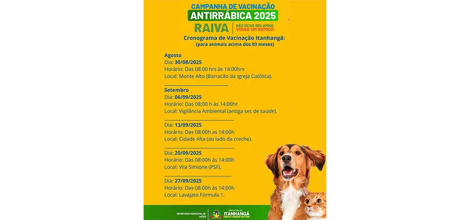 Itanhangá: Veja os dias e locais para levar seu animal para vacinar contra a raiva