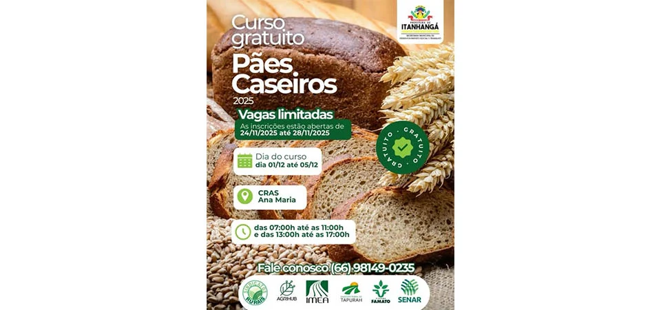 Itanhangá: Inscrições para curso de pães caseiros vão até amanhã, dia 28/11