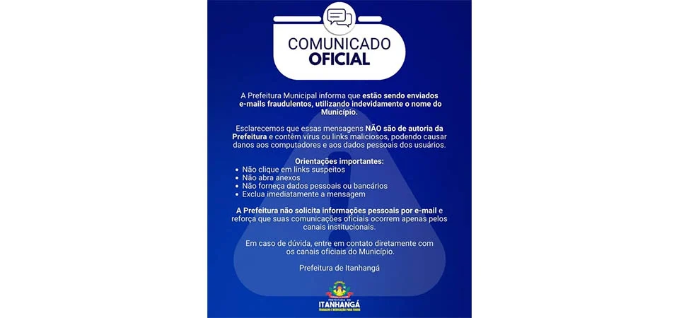 Itanhangá: Prefeitura alerta para golpes via e-mail e passa orietações para a população