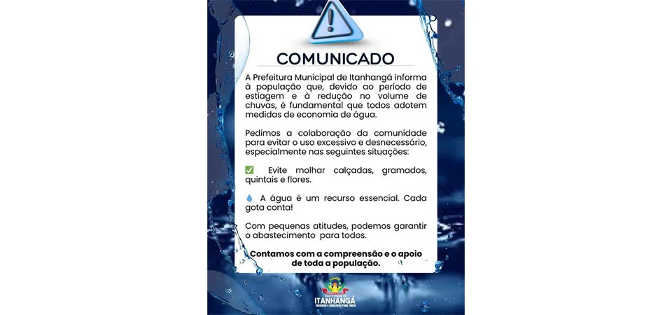 Itanhangá: Prefeitura alerta população para período de seca e orienta para que economizem água