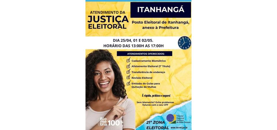 Itanhangá: Cartório Eleitoral vai atender em dias e horários diferenciados para regularização dos titulos de eleitor