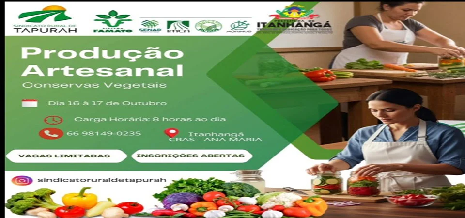Itanhangá: prefeitura oferece curso gratuito de Produção Artesanal de Conservas Vegetais