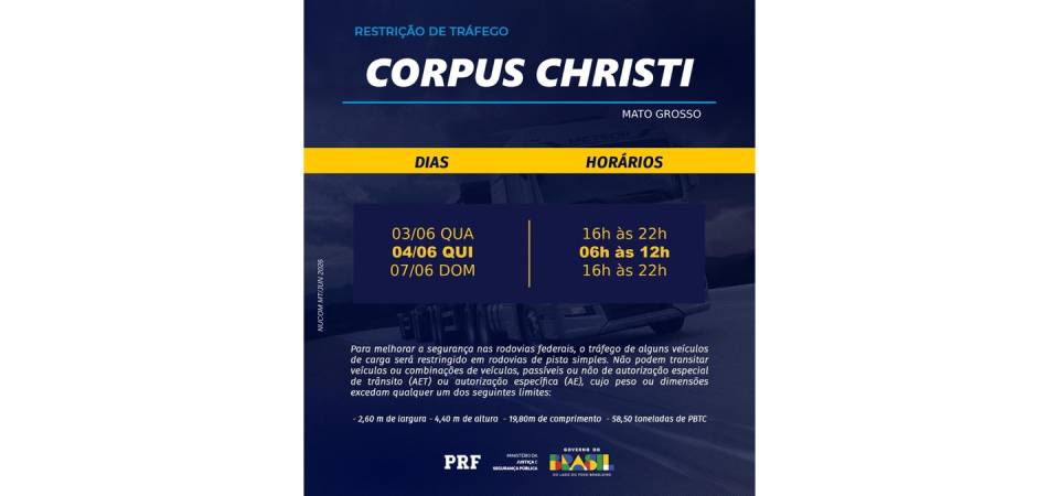 PRF intensifica fiscalização nas rodovias de Mato Grosso durante o feriado de Corpus Christi 2026