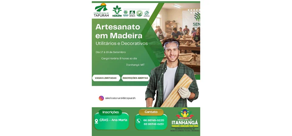 Itanhangá: Prefeitura abre inscrição para curso de artesanato em madeira