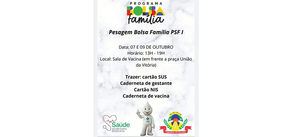 Itanhangá: Pesagem do Programa Bolsa Família será realizada nos dias 7 e 9 de outubro