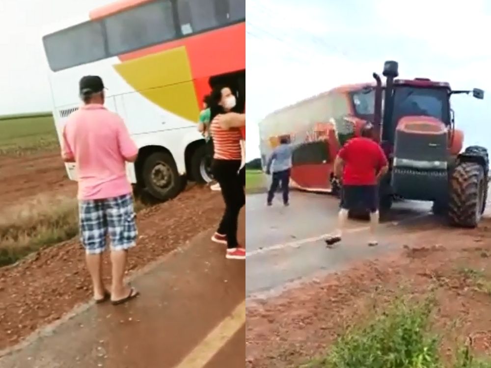 Motorista erra caminho e ônibus encavala na MT 242. Vídeo