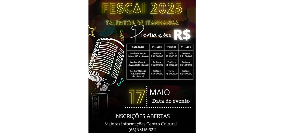 Itanhangá: FESCAI 2025 agita o município em maio com prêmios de até R$ 6 mil para talentos musicais