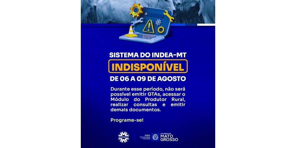 Indea suspenderá emissão de GTAs por 4 dias em Mato Grosso