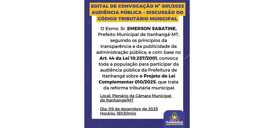 Itanhangá: Prefeitura convoca população para audiência pública sobre reforma tributária nesta terça-feira (9)