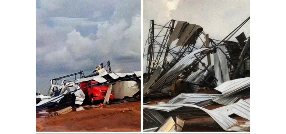 Tapurah: Forte vendaval derruba barracão em fazenda, danifica veículos e maquinário