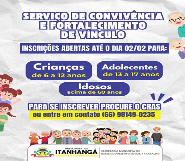 Itanhangá: Inscrições abertas para o Serviço de Convivência e Fortalecimento de Vínculos até 02 de fevereiro
