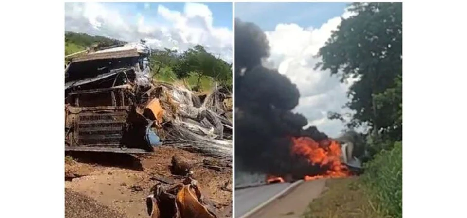 Caminhoneiro morre carbonizado e outro preso às ferragens em batida na BR-070