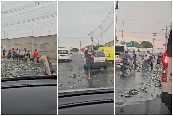 Caminhão carregado com Heineken tomba e carga é saqueada por populares