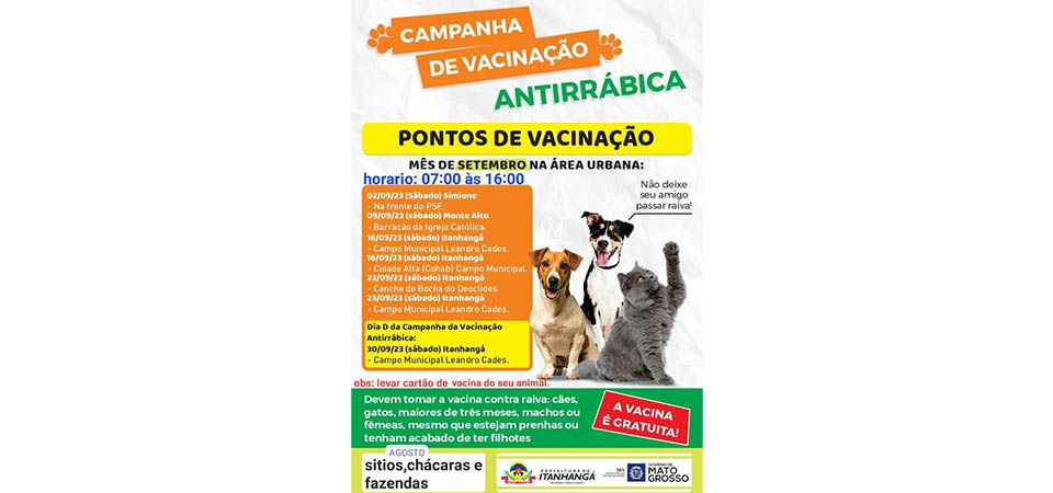 Itanhangá: Campanha de Vacinação Animal contra a raiva começa neste mês de agosto