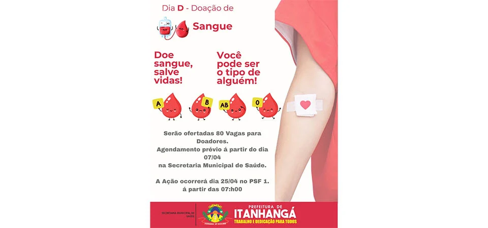 Itanhangá: Secretaria De Saúde  promove Dia D de Doação de Sangue com 80 vagas para voluntários