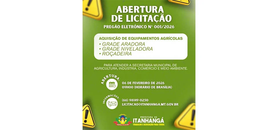Itanhangá: Prefeitura lança pregão para comprar equipamentos para Secretaria de Agricultura